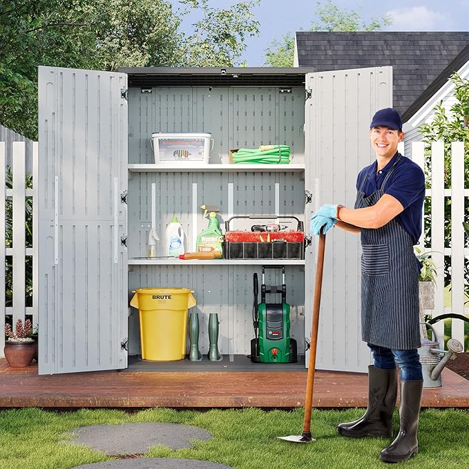 Aoxun White Resin Outdoor Storage Shed with 2 Shelves & Floor, 64 Cu.Ft Vertical Waterproof Cabinet for Garage, Pool, Bike, Garden Tools, Patio Furniture