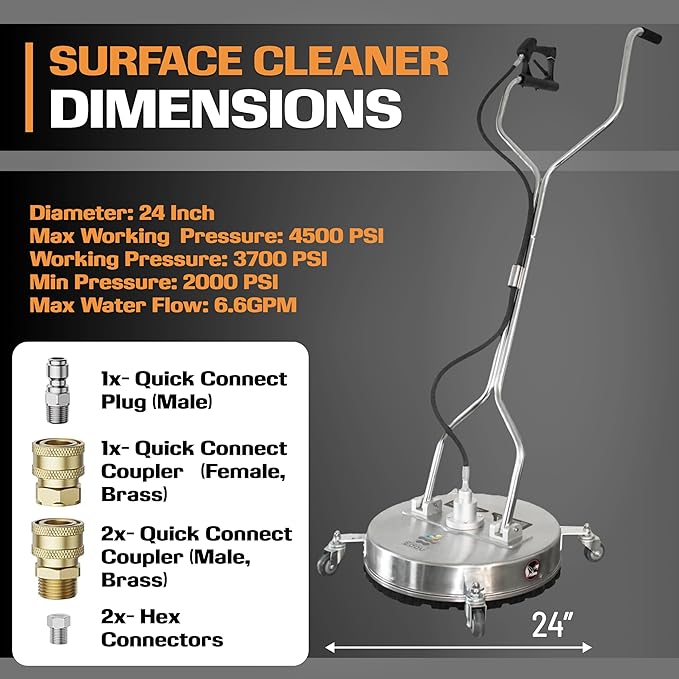 EDOU Dual 24" Pressure Washer Surface Cleaner - Surface Cleaner with Wheels - Heavy Duty Composite, 4,500 PSI Max Working Pressure - Includes 3/8 Inch Quick Connector Kit and Teflon Tape