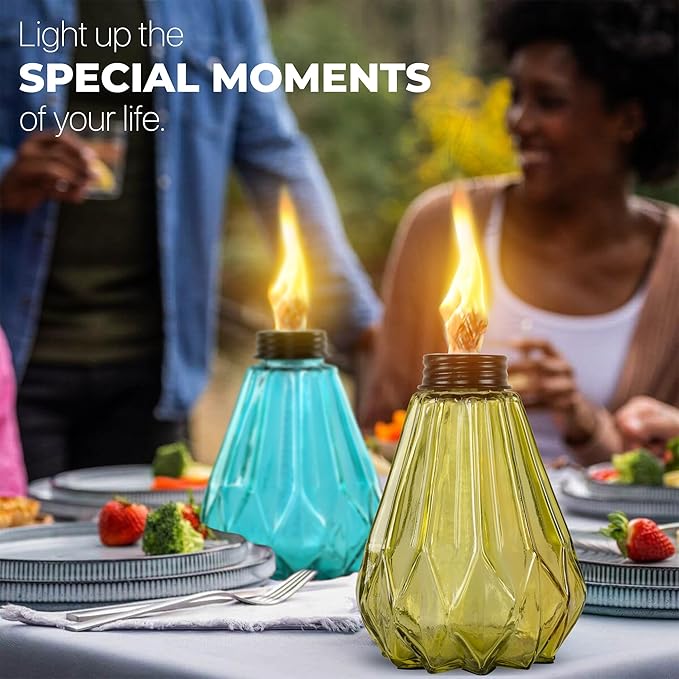 Deco Window Pack of 4 Table Torch for Indoor Outdoor Citronella Oil Tabletop Glass Lamp Landscape Multicolored Lantern with Fiberglass Wick & Cap for Garden Patio Yard Party Decor Light