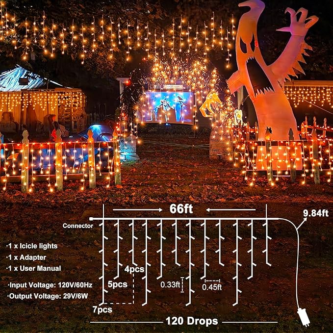 66ft Icicle Lights for Outside, Orange Christmas Lights Outdoor Indoor 640 LED Twinkle String Lights with 120 Drops Clear Wire Short Curtain Lights for Room Home Wall Bedroom Decor
