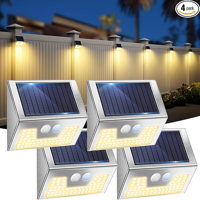 4 Pack Solar Lights Outdoor Motion Sensor, Waterproof Fence Lights 3 Lighting Mode, Warm White LED Outside Light Wireless for Fence Wall Yard Steps Stairs Garden -Stainless Steel