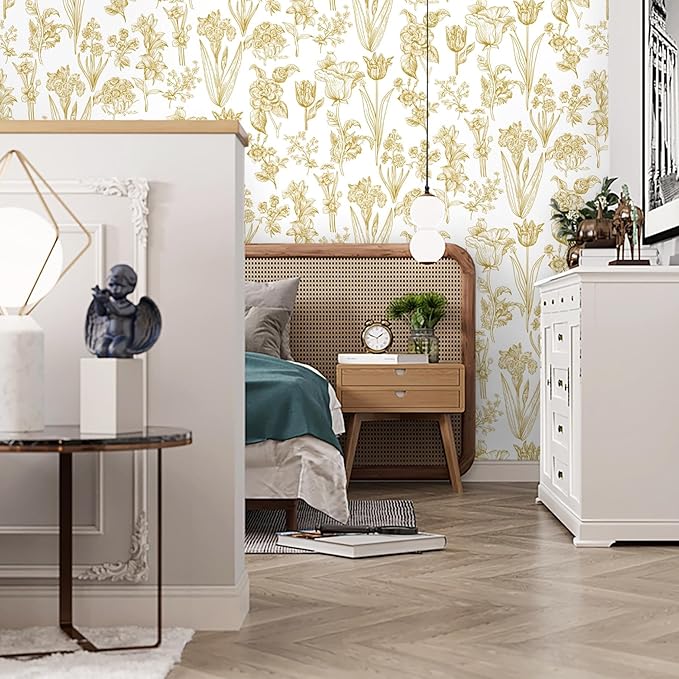 Dimoon 393"x17.3" Floral Wallpaper Peel and Stick Flowers Golden White Contact Paper Thicken Waterproof Modern Self Adhesive Plants Wallpaper Removable Wall Paper Shelf Vinyl Roll