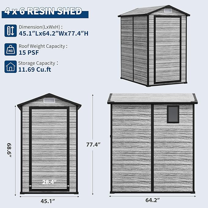 All-Weather Plastic Shed with Window, Outdoor Resin Garden Shed with Lockable Door and Vents, Outdoor Resin Storage Sheds for Backyard, Patio, Lawn, Tool, Bike