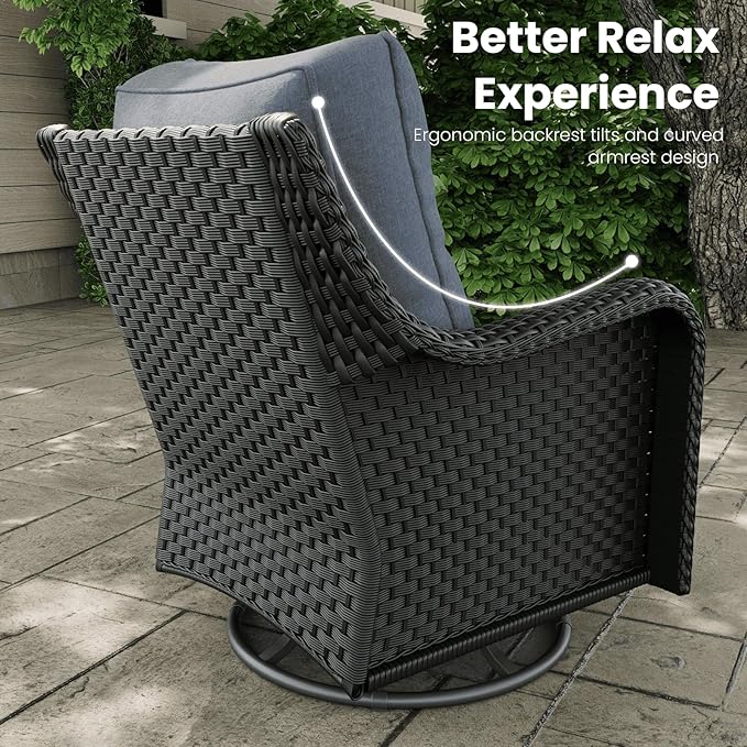 7 Pieces Outdoor Patio Furniture Sets with Rocking Swivel Chairs with 6-inch Thick Cushion and Fire Pit Table for Deck Lawn