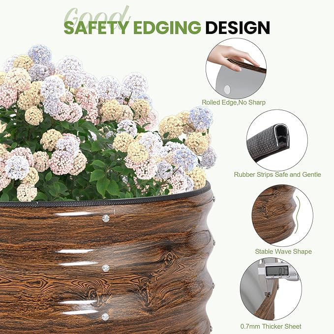 G GOOD GAIN Round Raised Garden Bed - 2Pcs 2x2x1ft Galvanized Steel Planter Boxes Outdoor with Rubber Edge Trim | Metal Raised Beds for Gardening Vegetables Flowers Fruits Herbs (Wood Grain)