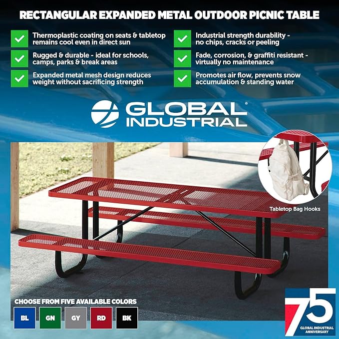 Global Industrial 8’L Rectangular Picnic Table, Expanded Metal, Green Thermoplastic Coating, Attached Benches, 1-1/2” Umbrella Pole Hole, Outdoor-Rated, 1000 lb Capacity, 96” x 30” Tabletop