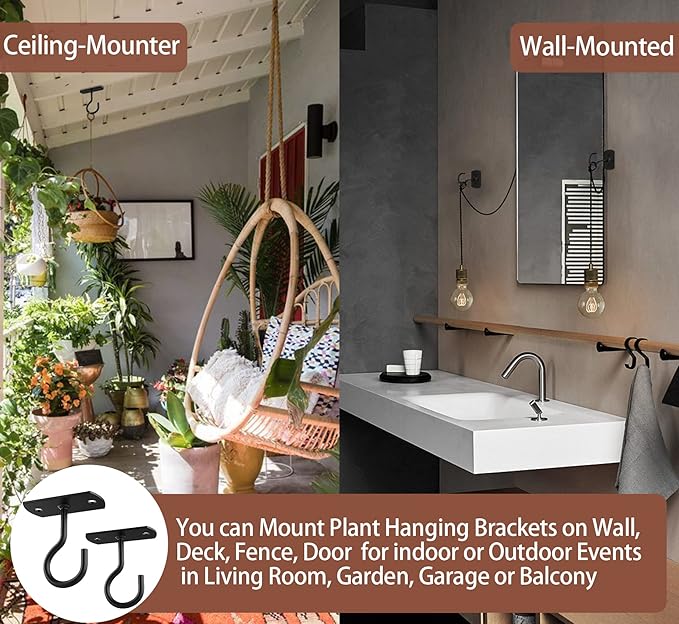 Ceiling Hooks for Hanging Plants 2Pack 2.5in,Wall Mount Hangers Plant Hooks,Wall Hooks for Plants,Lights,Planters,Lanterns,Hanging Bird Feeders,Wind Chimes,indoor&Outdoor Decoration Hooks Black