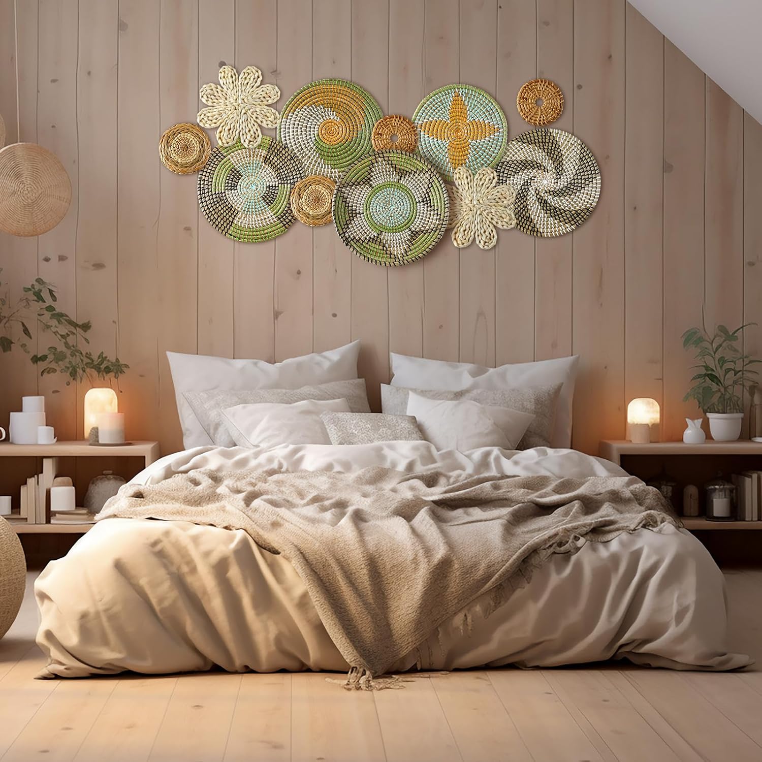 Tatuo 11 Pcs Boho Wall Basket Decor Decorative Bulrush Woven Basket Wall Decor Art Round Farmhouse Hanging Baskets for Kitchen Rustic Home Summer Decorations, Multi Sizes(Stylish)