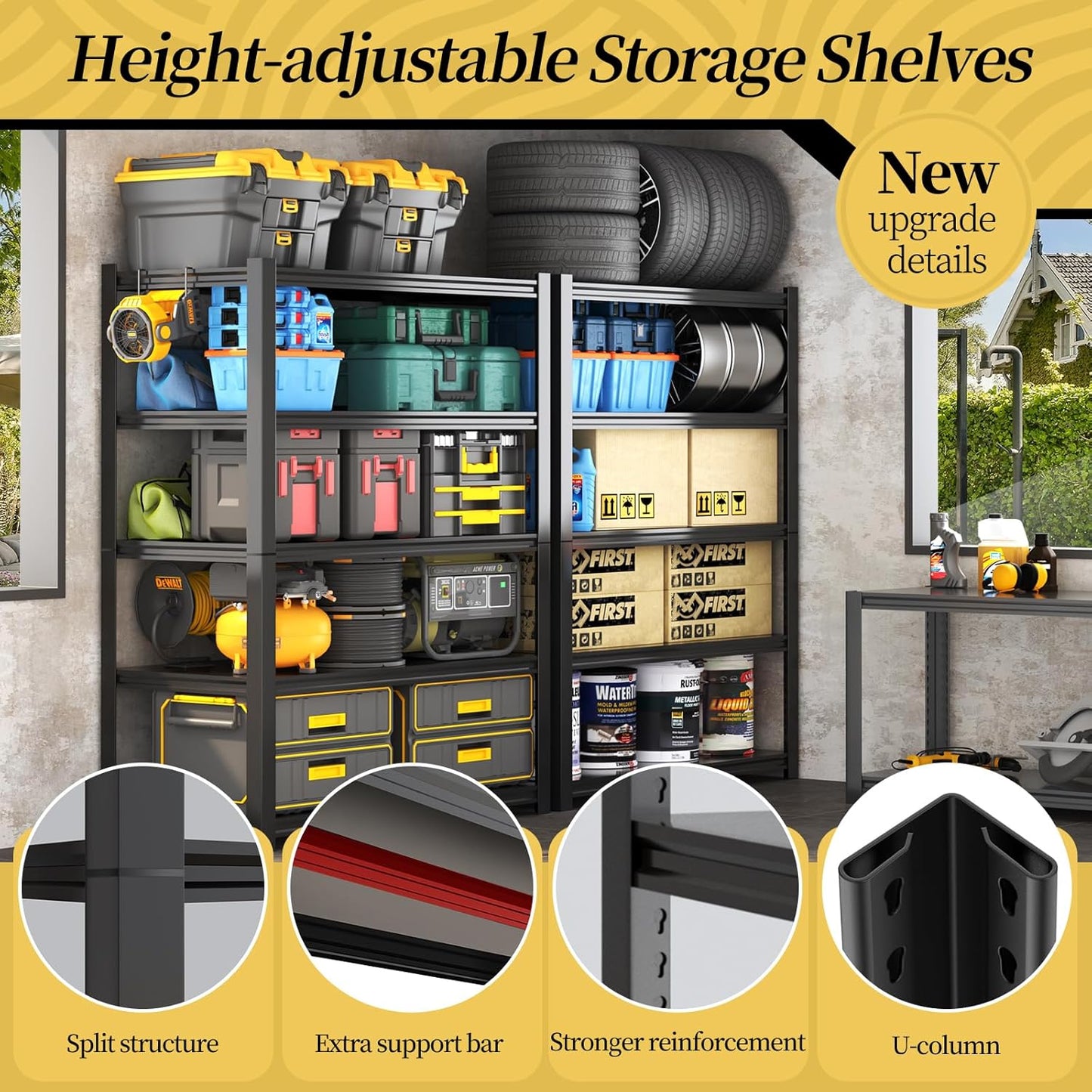 47.8" W Heavy Duty Garage Shelving 3000LBS Storage Shelves, Adjustable 5-Tier Storage Rack, Metal Shelves for Garage/Warehouse/Basement, 47.8" W x 19.8" D x 72" H, Black