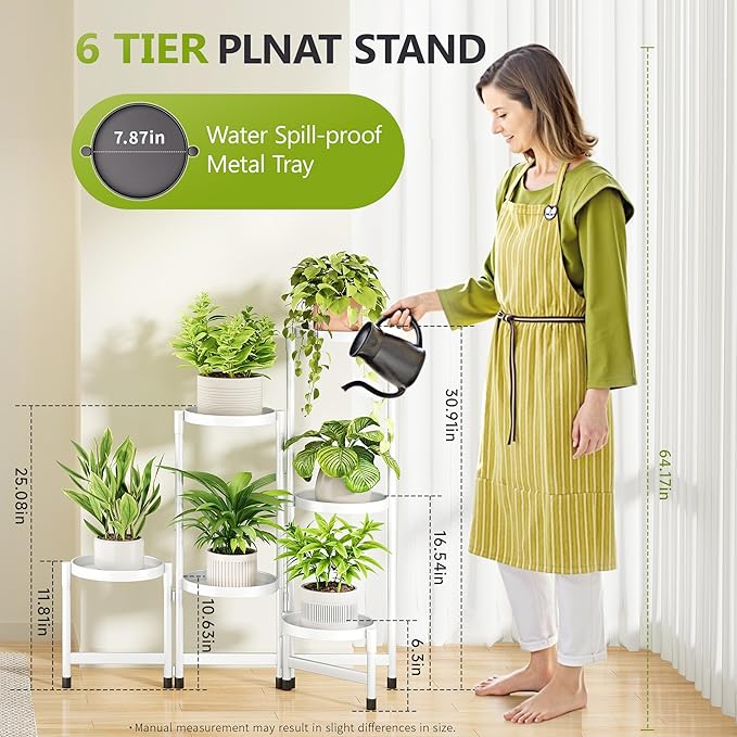 6 Tier Metal Plant Stand Indoor, Rotatable Corner Plant Shelf Outdoor, Tiered Flower Pot Display Stand, Black Multiple Plants Holder for Patio Living Room Balcony Garden Home Decor - White