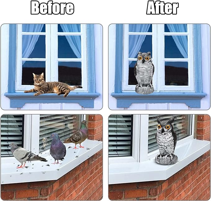 Ezoon 3 Pack Owl Decoy to Scare Birds Away, Fake Owl Scarecrows, Pigeon Deterrent, Plastic Owl Statue for Outdoor Garden Yard