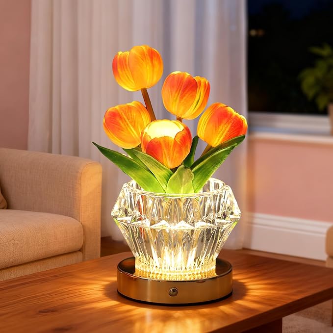 Tulip Flower Lamp with Diamond Vase, 3 Color LED Night Light, Dimmable Touch Control, Artificial Floral Decor for Bedroom Bar Coffee Shop Wedding Birthday Gifts for Women Christmas Valentine Day