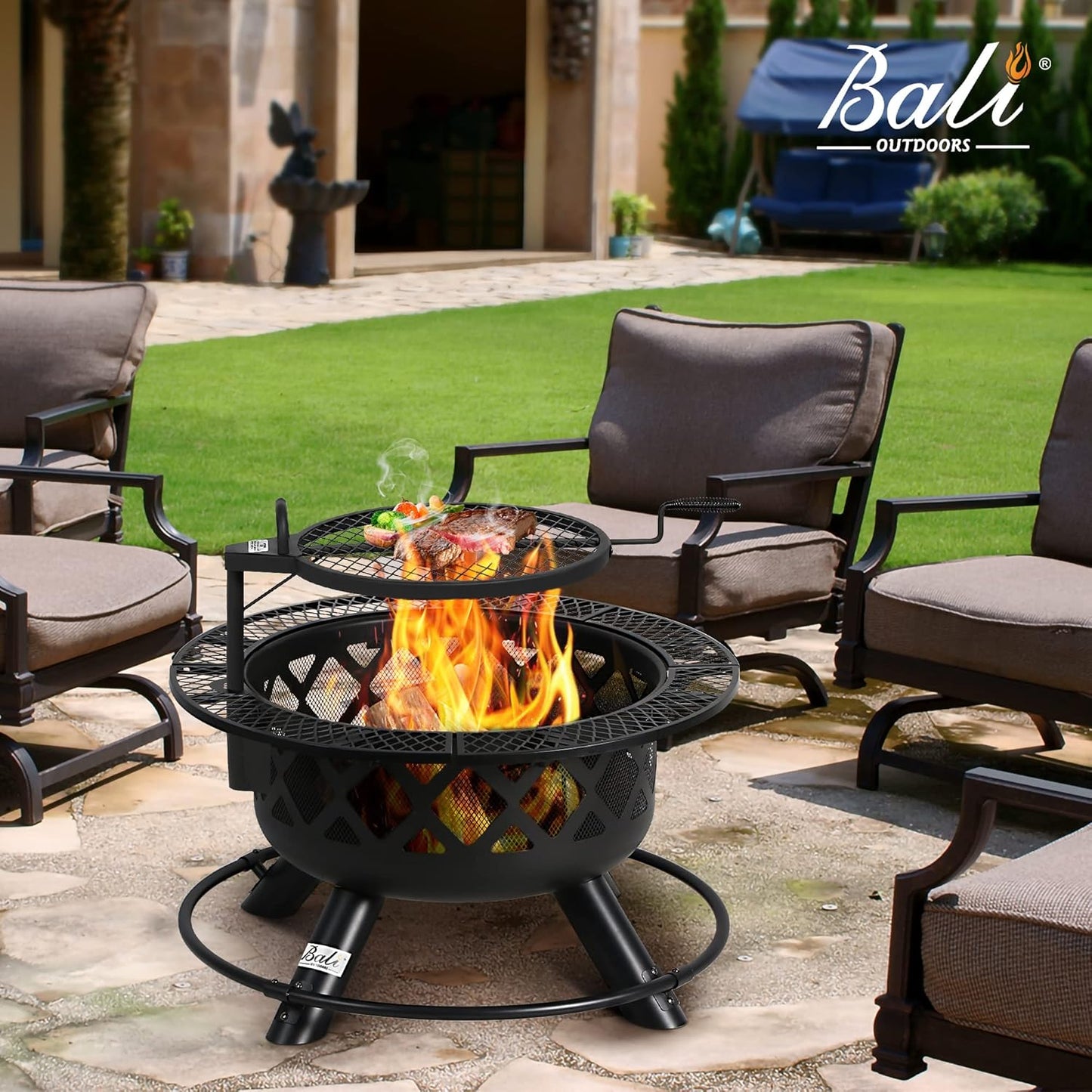 BALI OUTDOORS Fire Pit with Poker, 32 inch Outdoor Fire Pit Patio, Wood Burning Firepits for Outside with Grill