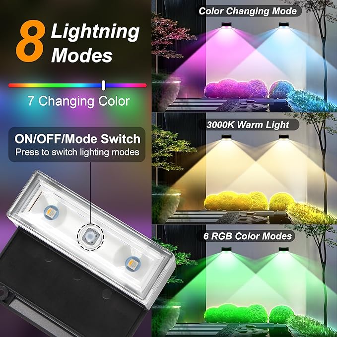 Ellasay Solar Fence Lights Outdoor: IP65 Waterproof RGB Solar Powered with 8 Lighting Modes - Wall Decor for Garden Deck Patio Backyard Balcony 6 Pack