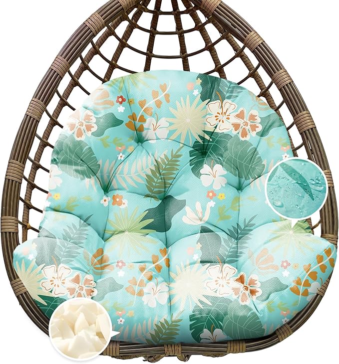 Egg Chair Cushion Replacement, Waterproof Outdoor Hanging Egg Swing Chair Cushions Pads, U-Shaped Thickened Cushions for Hanging Eggs Chair with Ties, 47x33x7 Inches (Cyan Floral Leaf)