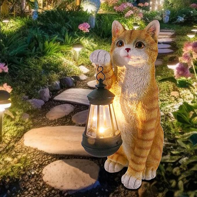 Cat Statues for Garden - Solar Powered Outdoor Cat Garden Statue, Crafted Garden Sculptures & Statues for Patio, Yard, Lawn, Gardening Gifts for Women and Mom(11" Cat)