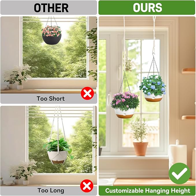 8 Inch Hanging Planters for Indoor & Outdoor Plants (2 Pack) - Self-Watering & Drainage Flower Pots with 2 Kinds of Plant Hangers for Home Decor & Garden (White, 8 in)