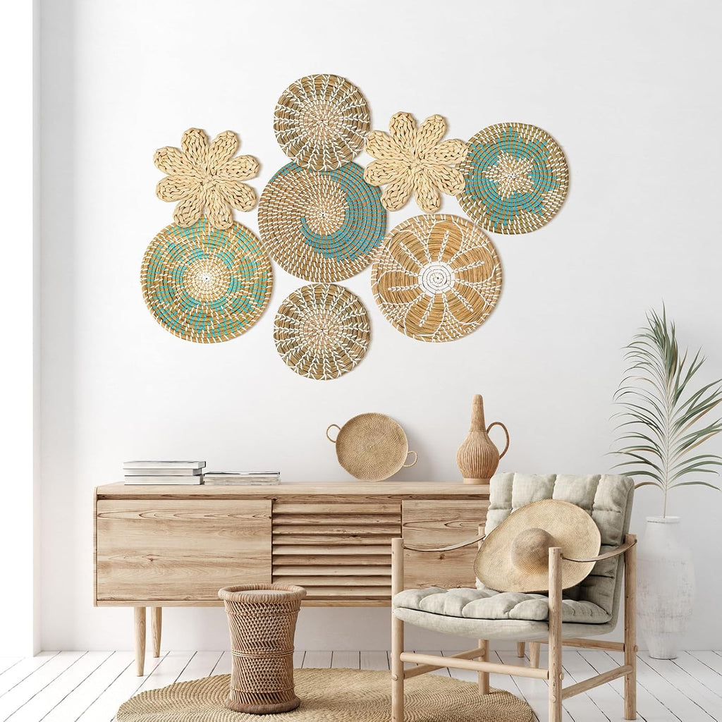 Xuhal Set of 8 Hanging Woven Wall Basket Handmade Decorative Rustic Boho Basket Decor Handcrafted Wicker Round Seagrass Wall Art for Home Kitchen Farmhouse Table Living Room