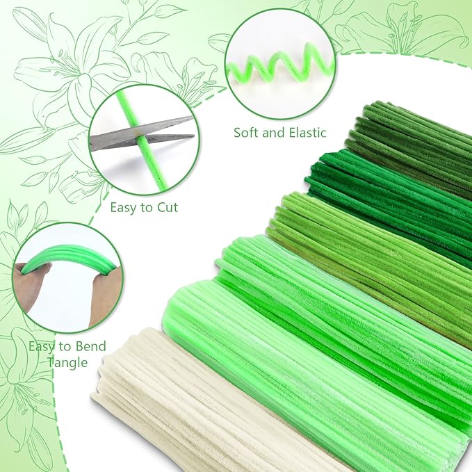 400 Pieces Pipe Cleaners Chenille Stems for Flowers Craft Supplies Bulk Fluffy Fuzzy Sticks for DIY Art Projects Creative Gift Wrapping Party Decorations(Green)