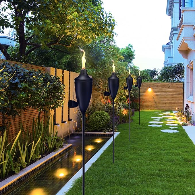 4 Pack Garden Torches for Outside， 22 oz Metal Citronella Torch with 3-Prong Grounded Stake, Perfect for Patio, Lawn, and Backyard Décor