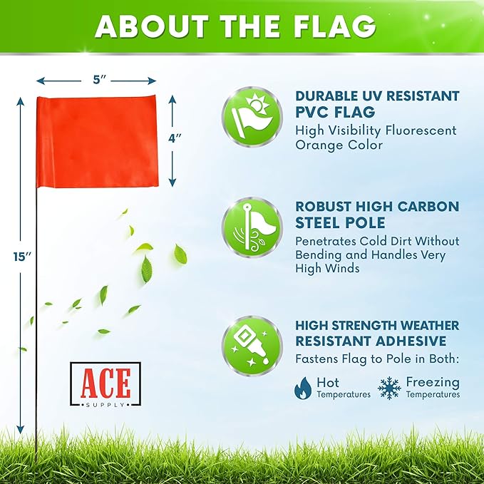 Fluorescent Orange Yard Marking Flags - 4x5x15 Inch Marker Flags - 100 Pack - Markers For Lawn, Irrigation, Landscaping, Survey & Sprinkler Head Marking