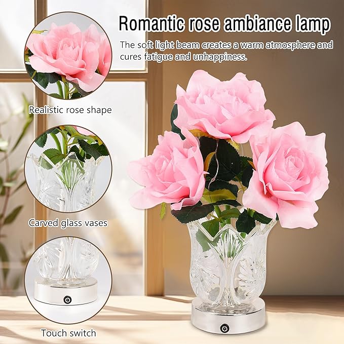 Artificial Pink Rose LED Lamp for Womens Gifts, Pink Rose Night Light for Relaxation and Serenity, Womens Mom Wife Friends Mom Daughter Valentine Anniversary Christmas Birthday Gifts(PINK ROSE)