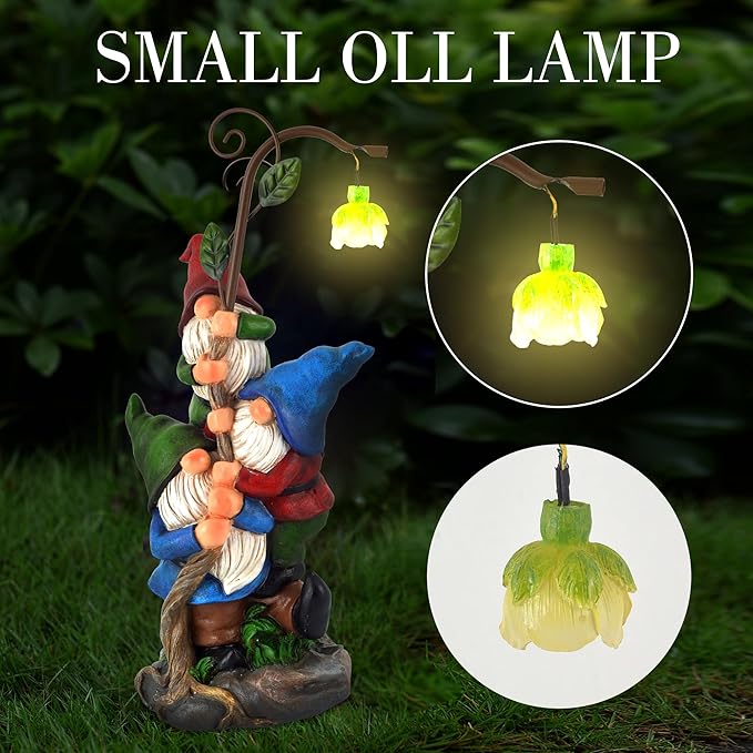 Gnome Figurine Garden Decor, Solar Resin Gnomes Outdoor Statue, Funny Gnome Gift Sculpture Decoration for Home Patio Yard Lawn Porch Ornament