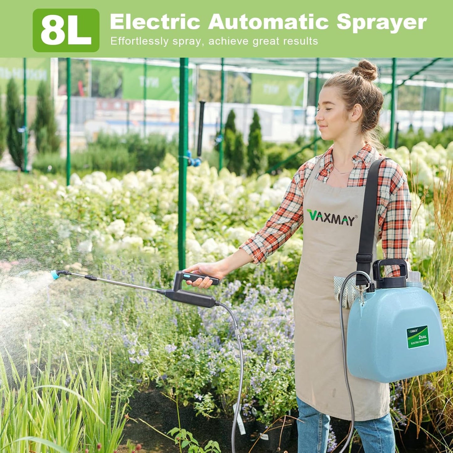 Battery Powered Sprayer 2 Gallon, Upgrade Powerful Electric Garden Sprayer with 3 Mist Nozzles, Rechargeable Handle, Retractable Wand, Adjustable Shoulder Strap for Lawn,Garden,Cleaning