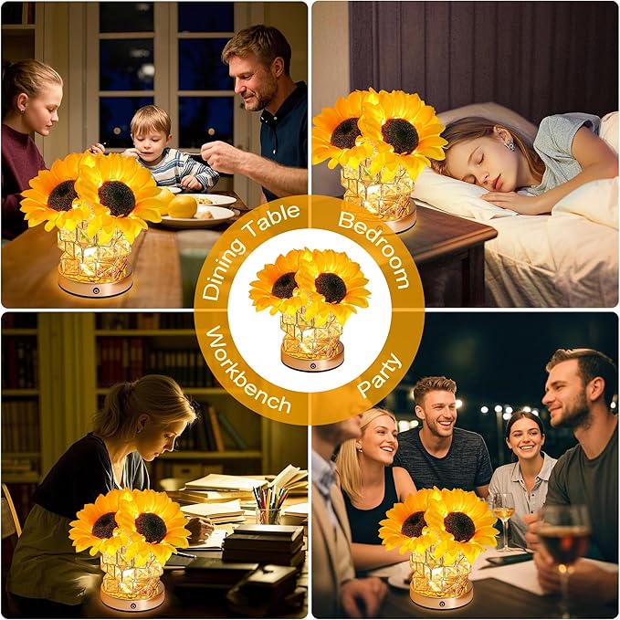 Sunflower Flower Lamp Gifts for Women, 3 Color Dimming Night Light for Womens Mom Her Daughter Christmas Anniversary Birthday Gifts, Bedroom Coffee Shop Decor Rechargeable Cordless Touch Lamp