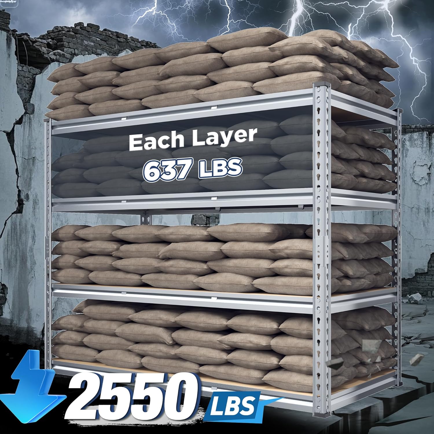 REIBII Garage Shelving, 4 Tier Storage Shelves Load 2550LBS, Adjustable Garage Shelving Heavy Duty, Metal Shelves Unit for Basement, Warehouse, 48" W x 60 "H x 24" D, Galvanized