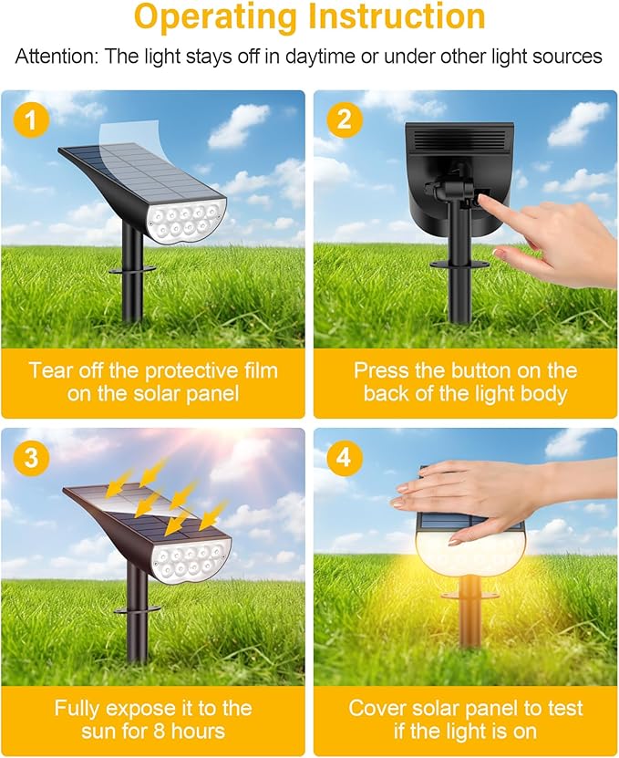 BAXIA TECHNOLOGY Solar Spot Lights Outdoor IP65 Waterproof, 3 Lighting Modes Landscape Lighting for Outside, Dusk to Dawn Solar Pathway Lights for Yard Garden Driveway, Warm White, 1 Pack