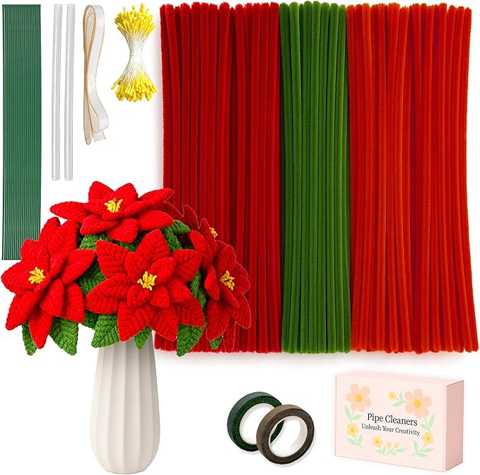 500Pcs Special Poinsettia Pipe Cleaners Craft Kit, All-in-One DIY Christmas Flower Making Supplies with Chenille Stems, Floral Wire, Floral Tape, Stamen, Ribbon for Holiday Decorations