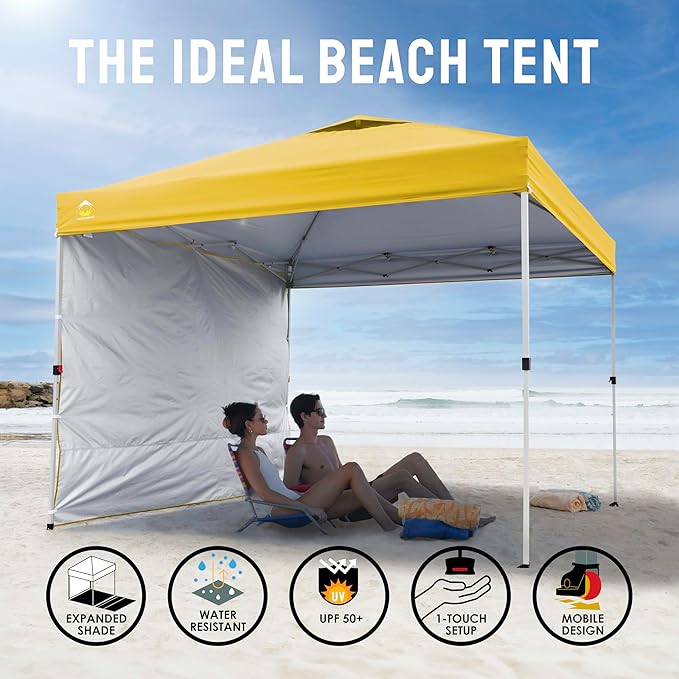 CROWN SHADES 10x10 Pop Up Canopy with 1 Side Wall - Beach Tent with One Push Setup - Outdoor Sun Shade for Events, Parties, Camping - Gazebo with STO-N-Go Cover Bag (Yellow)