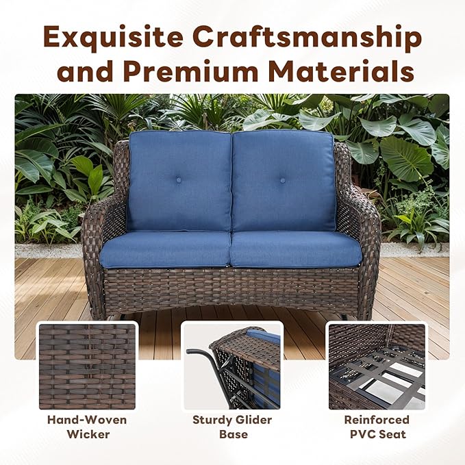 5 Piece Outdoor Patio Furniture Set - Outdoor Conversation Couch and Loveseat Glider Chair Furniture Set with Rattan Coffee Table for Deck Balcony Poolside Brown Wicker/Blue Cushions