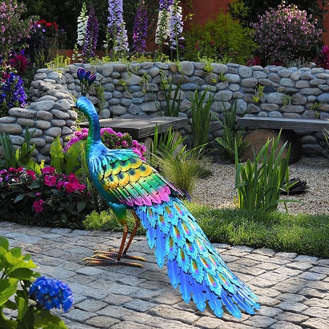 chisheen Peacock Statue Garden Decor Metal Peacock Yard Art Lawn Decoration Outdoor Sculpture for Women Mom