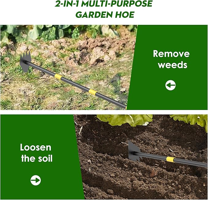 Dual Headed Weeding Tool, Long Handle for Loosening Soil Weeding Digging with Heavy Duty Stainless Steel Manual Weeder Hoe Garden Tool 17-45 inch Metal Black