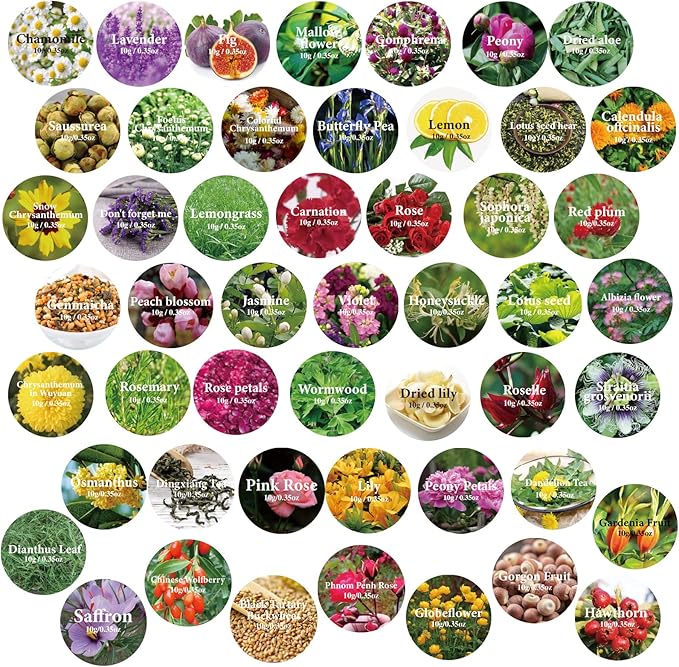 SACATR Dried Flowers, 50 Bags 100% Natural Dried Herbs Kit for Soap Making, Candle, Resin Jewelry Making, Bath, Nail - Include Rose Petals, Rosebuds, Lilium, Jasmine, Don't Forget Me and More