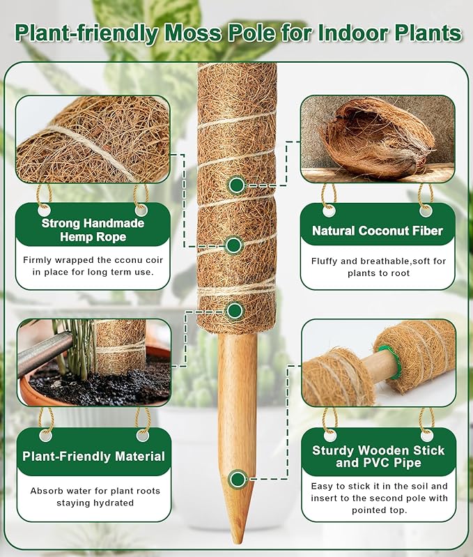EAONE Moss Pole 126 Inch, 6 Pack 21" Monstera Plant Support for Climbing Potted Live Plants Indoor, Stackable Coco Coir Moss Sticks Monstera Stakes for Pothos Philodendron, with Garden Labels & Ties