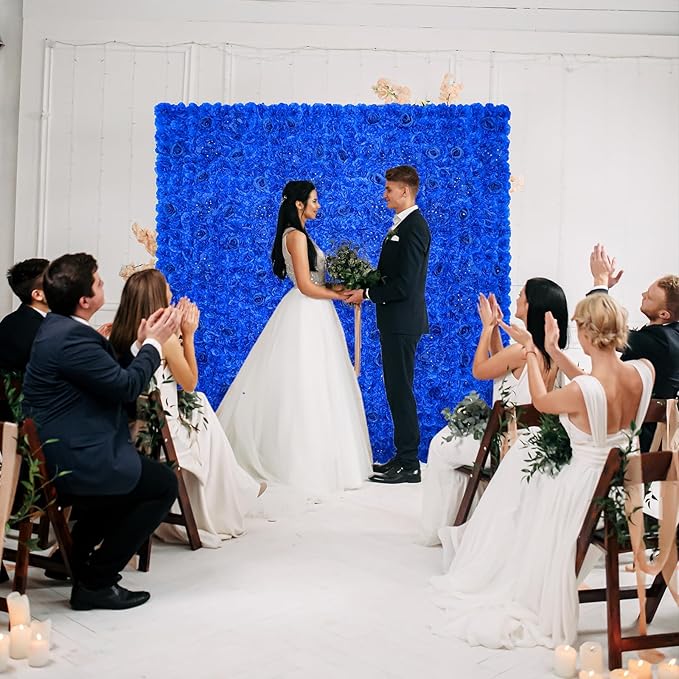 Flower Wall Backdrop 12 pcs 16.5x16.5 Inch Floral Wall Panel Artificial Silk Rose Wall Decor Ideal for Wedding Celebrations, Festive Party Backdrops, and Home Decor-Bright Blue