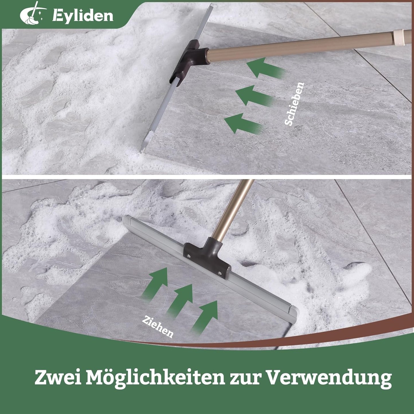 Eyliden 17" Rubber Floor Squeegee - Quick Water & Foam Removal, Dual-Action Push & Scrape Heavy-Duty Scrubber Broom with Telescopic Handle, for Bathroom Shower Kitchen Floors Glass Pool