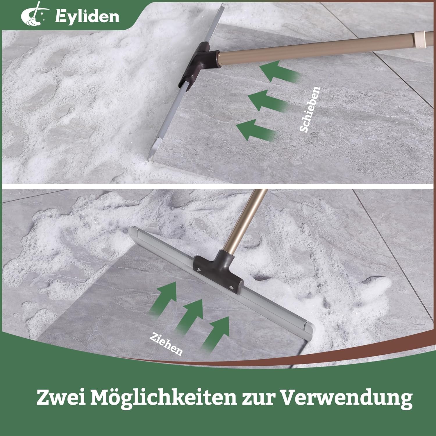 Eyliden 17" Rubber Floor Squeegee - Quick Water & Foam Removal, Dual-Action Push & Scrape Heavy-Duty Scrubber Broom with Telescopic Handle, for Bathroom Shower Kitchen Floors Glass Pool