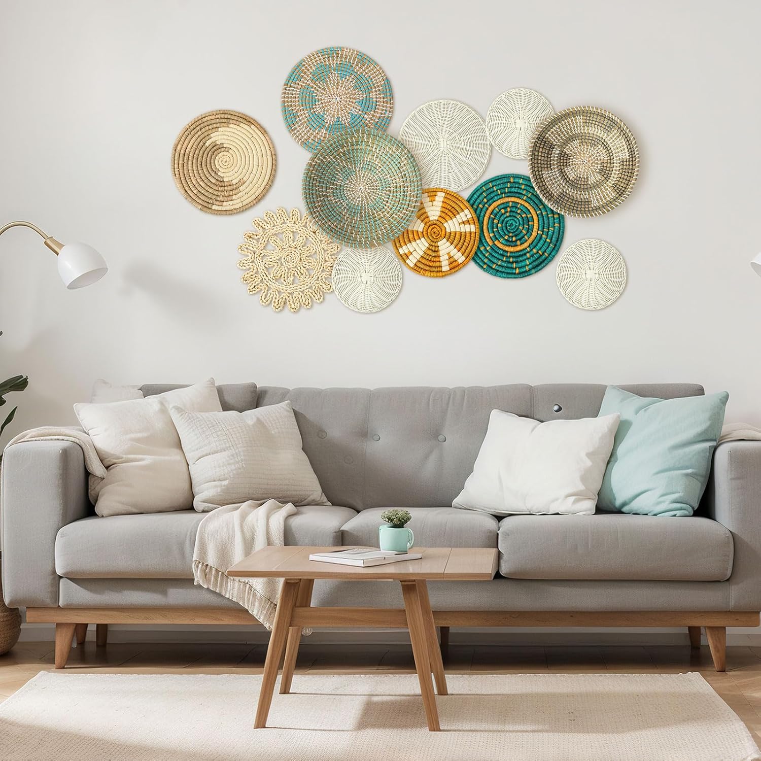 Tatuo 11 Pcs Boho Wall Basket Decor Decorative Bulrush Woven Basket Wall Decor Art Round Farmhouse Hanging Baskets for Kitchen Rustic Home Summer Decorations, Multi Sizes(Bright)