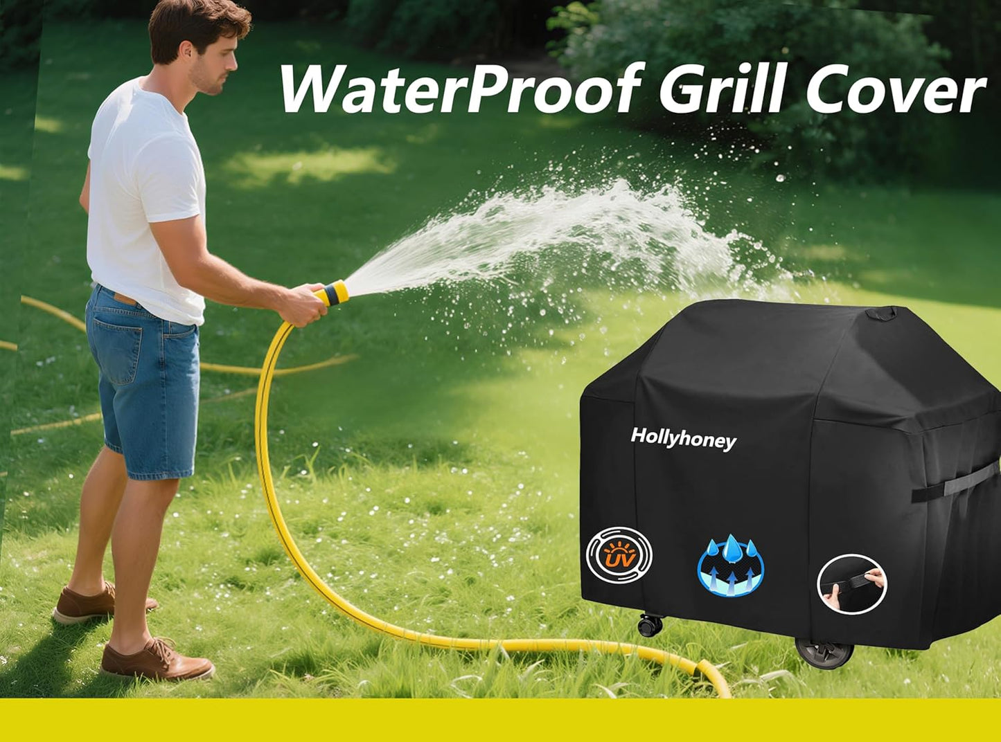 BBQ Grill Cover for Outdoor Grill,58 Inch,Black–Upgraded Lightweight Material,Waterproof,Weather Resistant,UV & Fade Resistant with Adjustable Straps–Gas Grill Cover for Weber,Genesis,Charbroil,etc