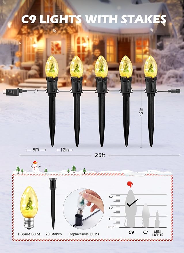 C9 Christmas Pathway Lights Outdoor, 25Ft 20 LED Christmas String Lights with Stakes, 3 Light Modes, Waterproof Connectable Christmas Decorations for Outside Lawn Yard Sidewalk Driveway, Warm White