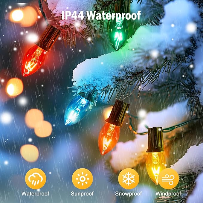 C7 Multicolor Christmas String Lights - 50ft 2 Pack Vintage Christmas Tree Lights, Outdoor Roofline String Lights with 50+2 Spare Bulbs for Patio Garden Holiday Indoor Home Xmas Decoration