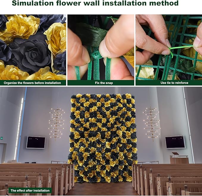 Artificial Flower Panels Rose Black Gold 15 * 15inch -12Pack 3D Floral Wall Backdrop for Party Stage Event Party Gothic Live Streaming Photography Anniversary Background Arrangement Decor