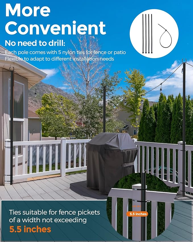 LAND·VOI Metal String Light Poles for Outside Hanging - Backyard, Garden, Patio, 4 Pack Lighting Stand with Adjustable Height for Outdoor Parties, Wedding, Extra-Long 5-Prong Claws, (9.6FT) FLP04B