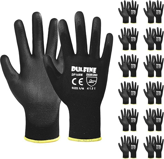 DULFINE Ultra-Thin PU Coated Work Gloves-12 Pairs,Excellent Grip,Nylon Shell Black Polyurethane Coated Safety Work Gloves, Knit Wrist Cuff,Ideal for Light Duty Work. (Extra Large)