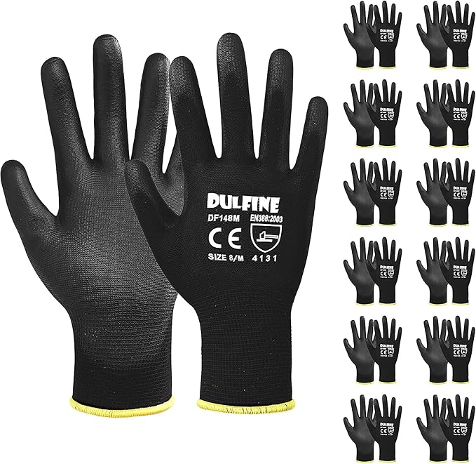 DULFINE Ultra-Thin PU Coated Work Gloves-12 Pairs,Excellent Grip,Nylon Shell Black Polyurethane Coated Safety Work Gloves, Knit Wrist Cuff,Ideal for Light Duty Work. (Medium)