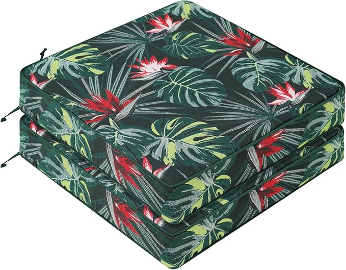 Favoyard Outdoor Chair Cushion 24 x 24 x 4 In Waterproof Pattern Fade Resistant Cushions for Patio Furniture with Removable Cover Attach Straps 28D Foam Insert Cushions Pads for Seat Sofa Couch 2 Pack